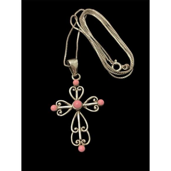 Sterling Silver Scroll Cross Pendant With Faux Pink Coral 25” Italian Box Chain - Picture 3 of 7